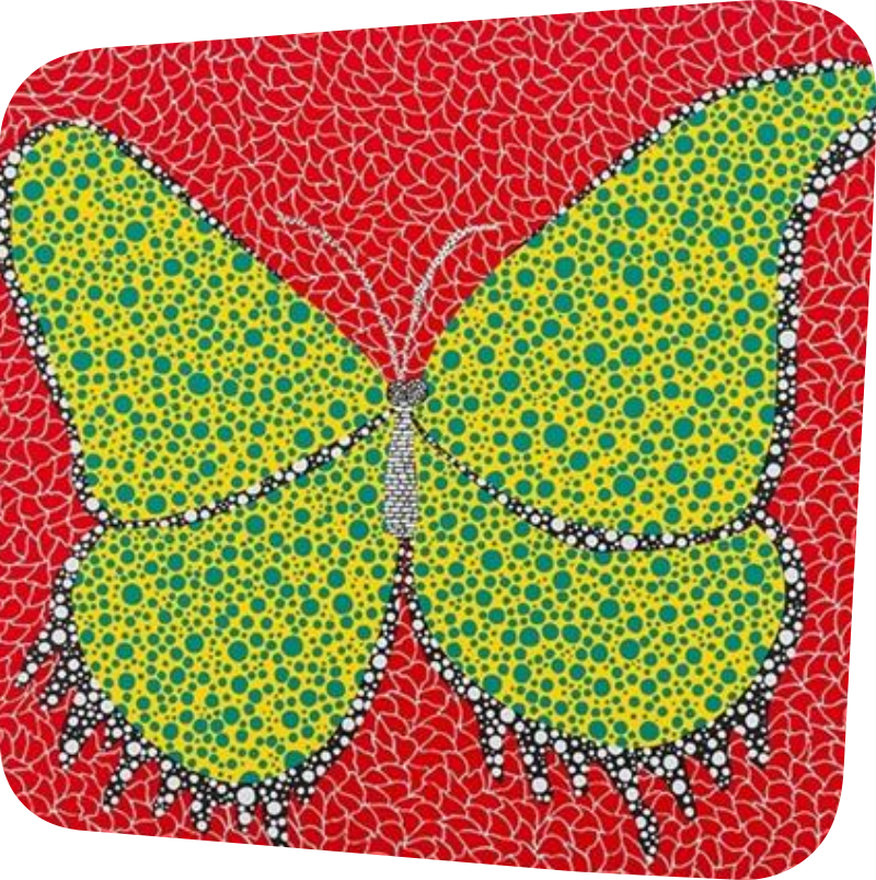 print of yellow butterfly with green polka dots outlined with black and white polka dots on a red background fractured with white lines