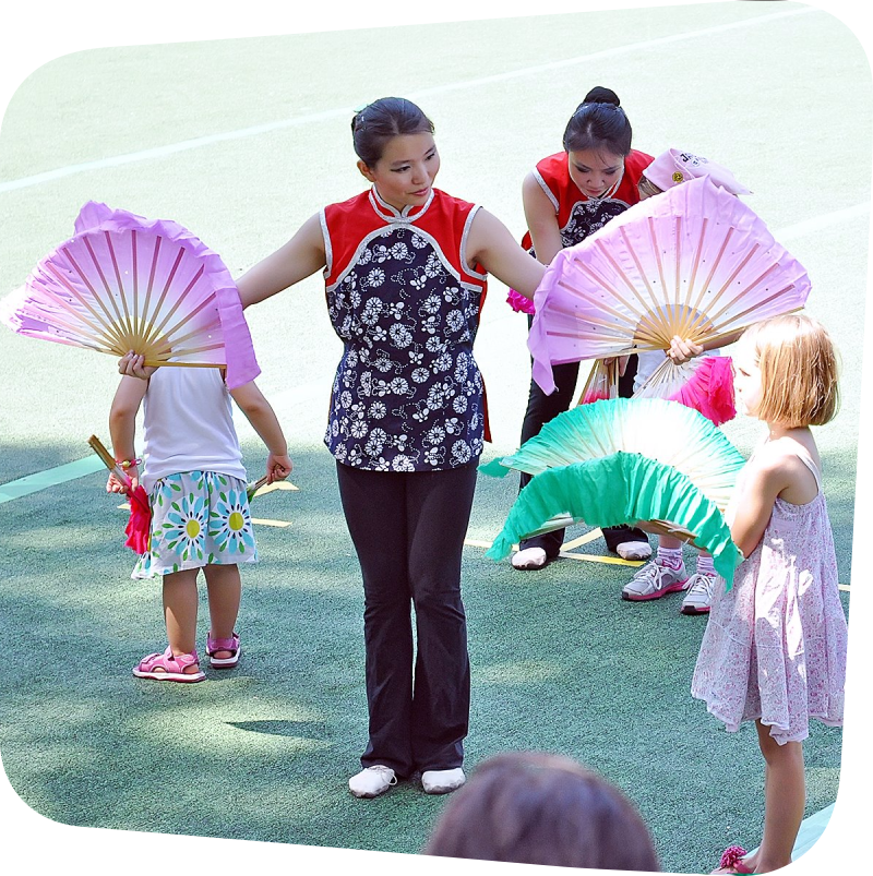 two women leading two children in Chinese dance