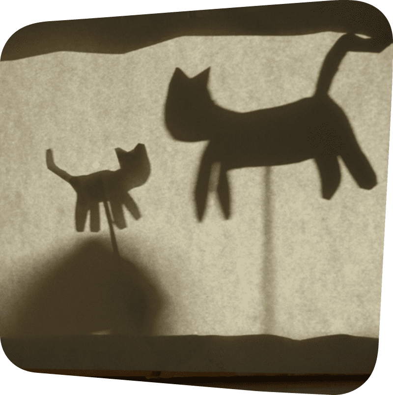large cat and small cat shadow puppets behind a screen