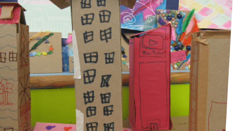 4 cardboard skyscrapers created in the Walk in! Workshop