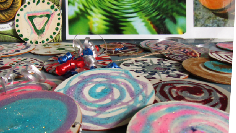 Pictures of examples of spirals in nature and art created by visitors inspired by nature